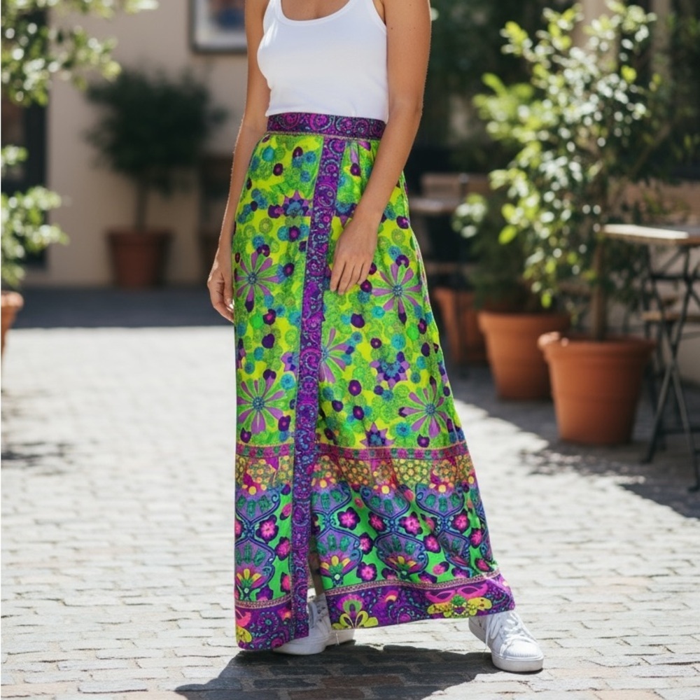 Vintage 70s Alex Colman Psychedelic Floral Maxi Wrap Skirt Neon Boho Small